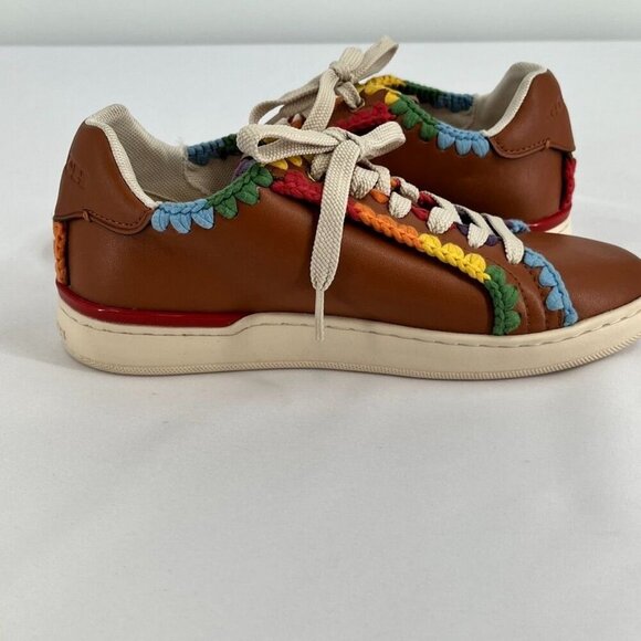 Coach Lowline Low Top Sneaker Size 6 With Rainbow Crochet Brown Leather - Picture 5 of 15